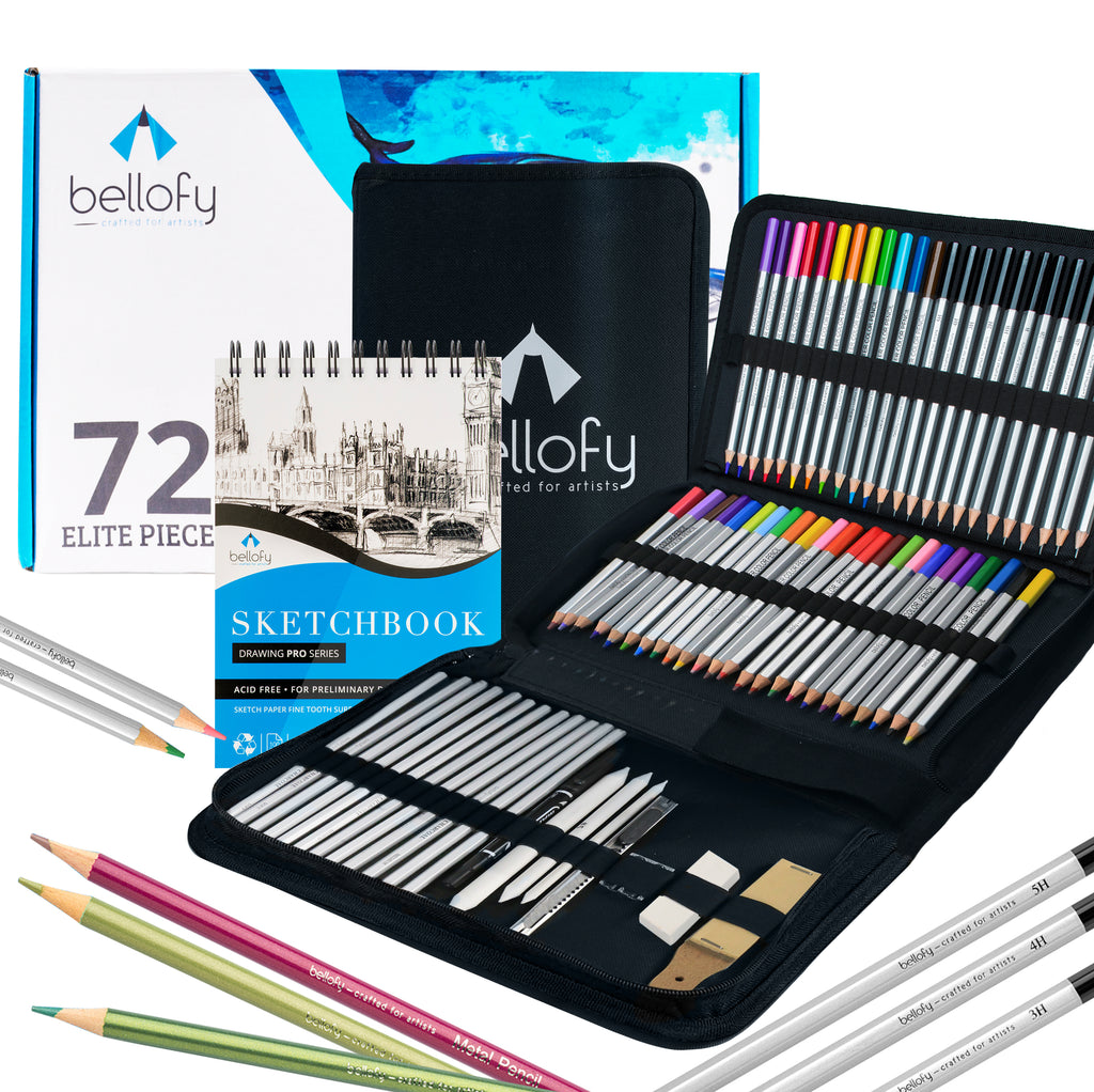 Glokers 72-Piece Arts Supplies and Drawing Kit Set - Complete Set of Art  Pencils: Graphite, Colored, Metallic, Charcoal, Watercolor - Also Includes  9x12 Sketch Book, Stumps, Sharpener, Eraser & More 