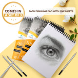 Drawing Paper Pad Set of 3 9 x 12 Inch - Each with 100 Sheets - Sketchbook for Dry Media